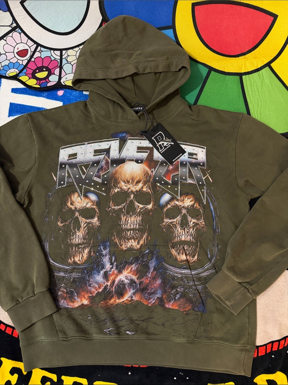 Reveer Skull Rhinestones Pullover Hoodie - Olive